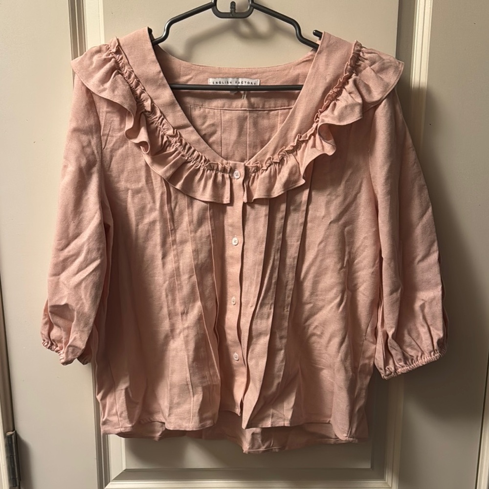 English Factory Pink Bell Sleeve Blouse with Bib Collar